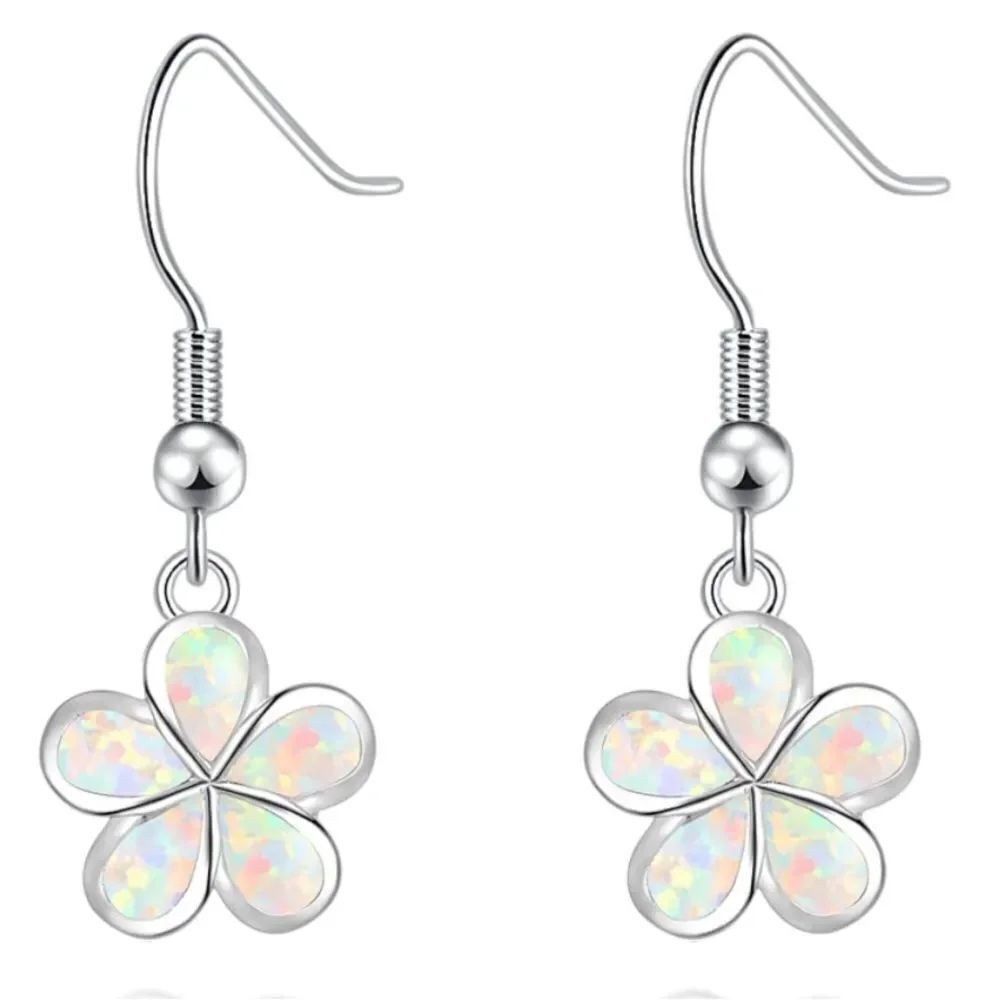18K White Gold with Genuine White Fire Opal Dangling Flower Drop Hook Earrings
